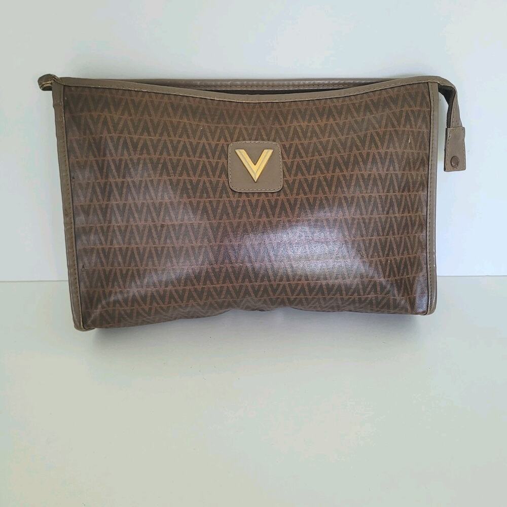 Mario Valentino Bag‎ Clutch Unisex Vintage Pouch Zip Italian Brown Logo Handbag